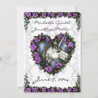 White Unicorn and Purple Rose Heart Invitation
