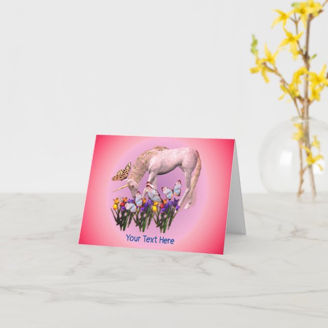 White Unicorn Butterflies Fantasy Horse Note Card (Yellow Flower)