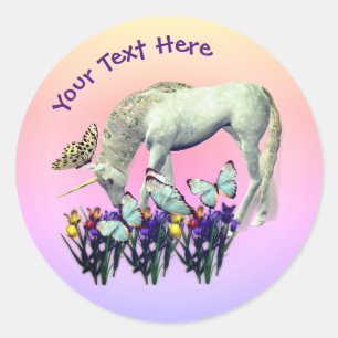 White Unicorn Butterflies Flowers Personalised Classic Round Sticker