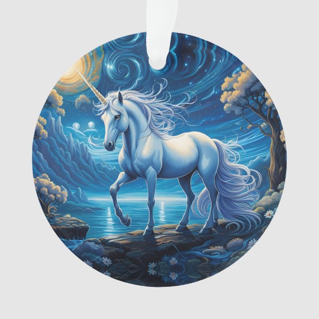 White Unicorn Fantasy Full Moon Ornament (Front)
