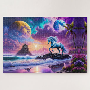 White Unicorn Fantasy Tropical Beach Jigsaw Puzzle