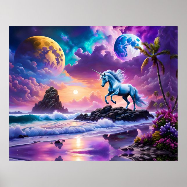 White Unicorn Fantasy Tropical Beach Poster (Front)