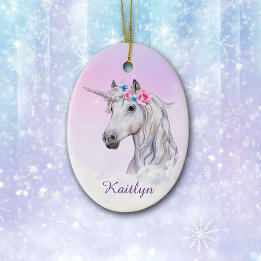 White Unicorn Floral Believe Ceramic Tree Decoration