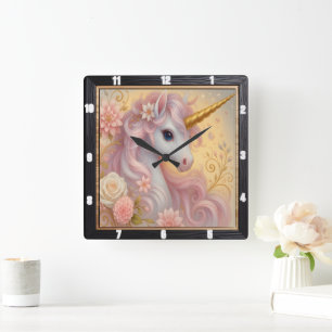 White Unicorn Floral Dreamy Square Wall Clock