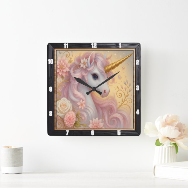 White Unicorn Floral Dreamy Square Wall Clock (Home)
