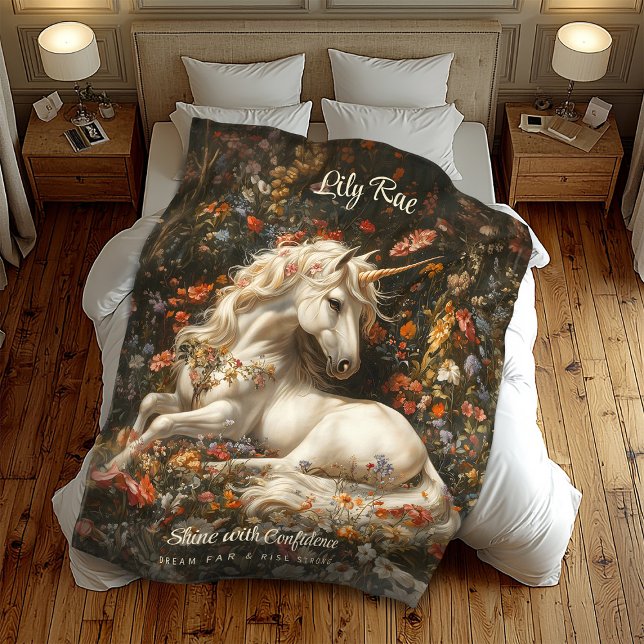 White Unicorn Floral Fantasy Cosy Sleeping Horse Fleece Blanket (Creator Uploaded)