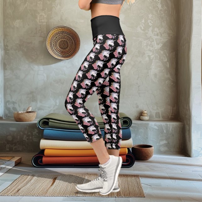 White Unicorn Flowers Pink Black Capri Leggings (Creator Uploaded)