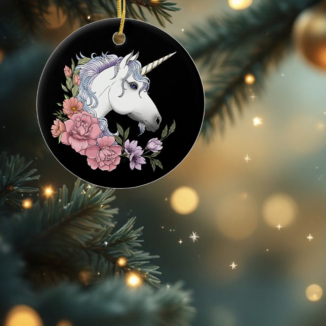 White Unicorn Flowers Pink Black Ceramic Tree Decoration (Creator Uploaded)
