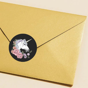 White Unicorn Flowers Pink black Classic Round Sticker