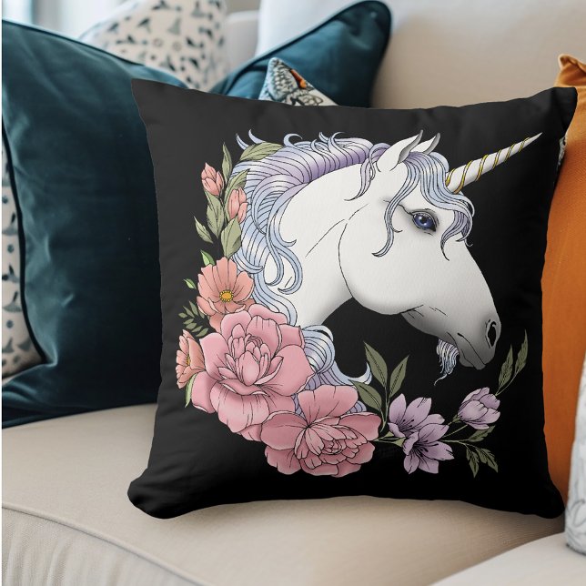 White Unicorn Flowers Pink Black Cushion (Creator Uploaded)