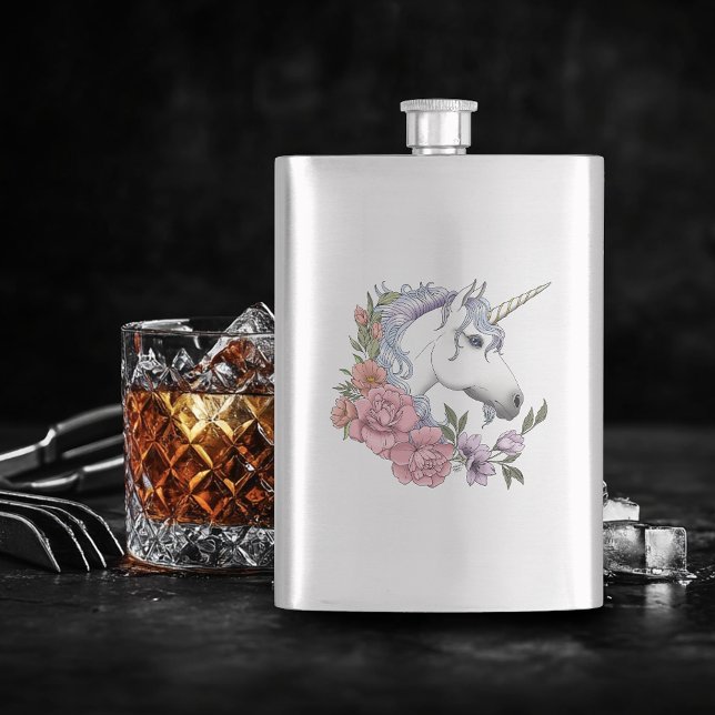 White Unicorn Flowers Pink Black Hip Flask (Creator Uploaded)