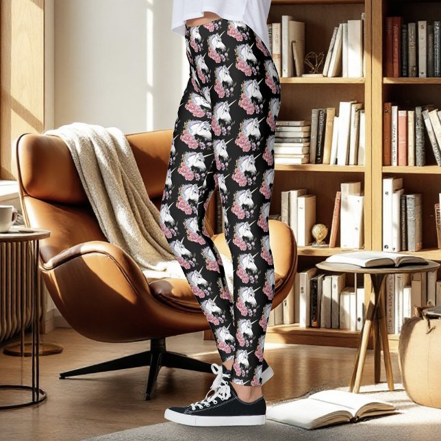 White Unicorn Flowers Pink Black Leggings (Creator Uploaded)