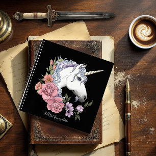 White Unicorn Flowers Pink Black Notebook