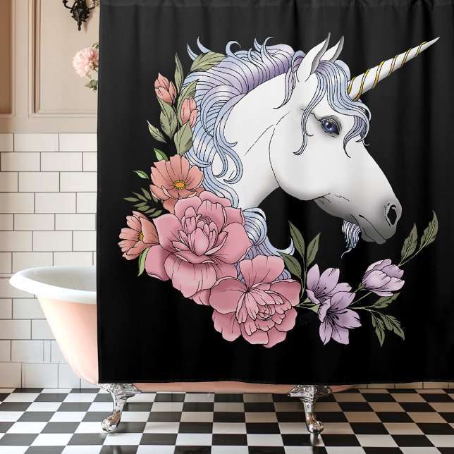 White Unicorn Flowers Pink Black Shower Curtain (Creator Uploaded)