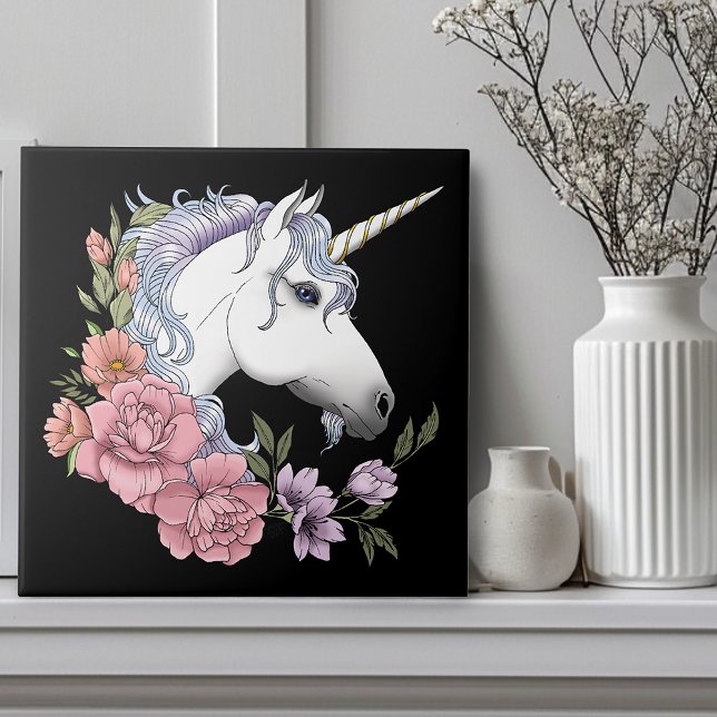 White Unicorn Flowers Pink Black Tile (Creator Uploaded)