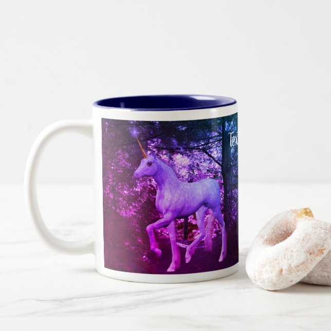 White Unicorn Forest Fantasy Colours Personalised  Two-Tone Coffee Mug (With Donut)