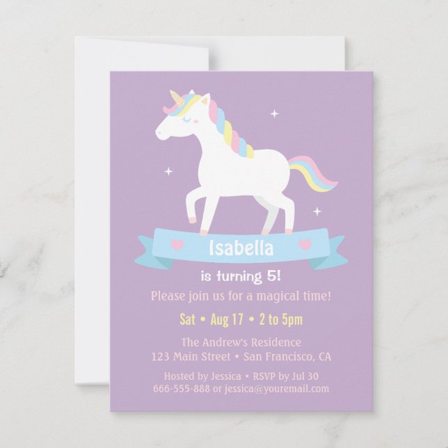 White Unicorn Girls Birthday Party Invitations (Front)