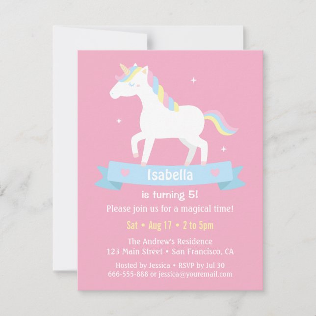 White Unicorn Girls Pink Birthday Party Invitation (Front)