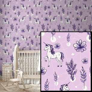 White Unicorn Horses on Mauve Wallpaper