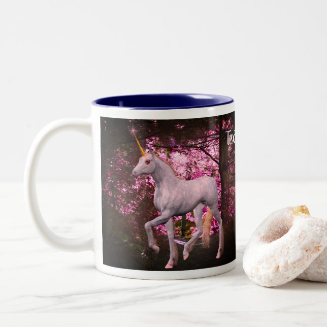 White Unicorn In Forest Fantasy Personalised Two-Tone Coffee Mug (With Donut)