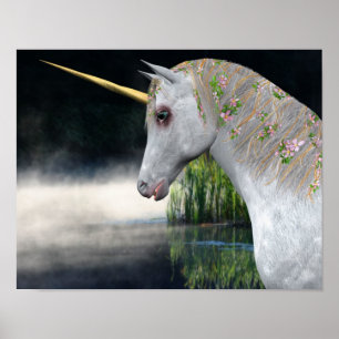 White Unicorn In Mist Fantasy Horse Poster