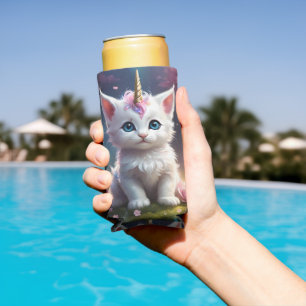White Unicorn Kitten Acrylic Art, Seltzer Can Cooler