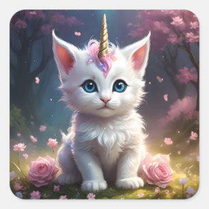 White Unicorn Kitten Acrylic Art, Square Sticker