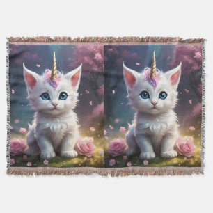 White Unicorn Kitten Acrylic Art, Throw Blanket