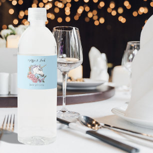 White Unicorn Oink flowers Blue Water Bottle Label