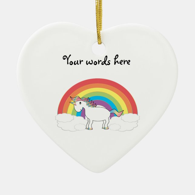 White unicorn on rainbow and clouds ceramic tree decoration (Front)