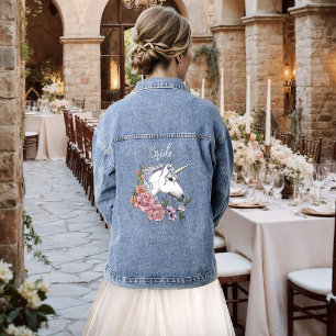 White Unicorn Pastel Floral Fantasy Wedding Denim Jacket