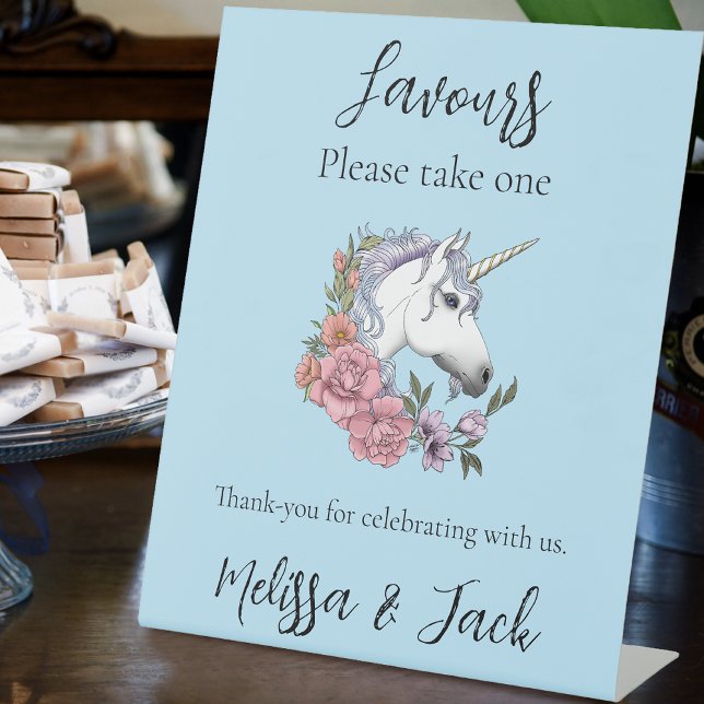 White Unicorn Pastel Floral Fantasy Wedding Favour Pedestal Sign (Creator Uploaded)