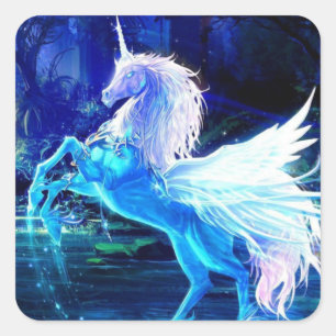 White Unicorn Pegasus Blue Moonlight Square Sticker