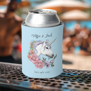 white unicorn Pink flowers Blue Can Cooler