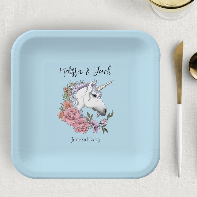 White Unicorn Pink Flowers Blue Paper Plate (Creator Uploaded)