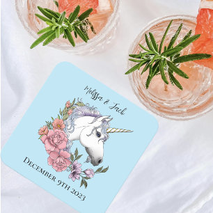 White Unicorn Pink Flowers Blue Square Paper Coaster