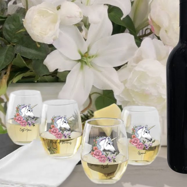 White Unicorn Pink Flowers Blue Stemless Wine Glass (Creator Uploaded)