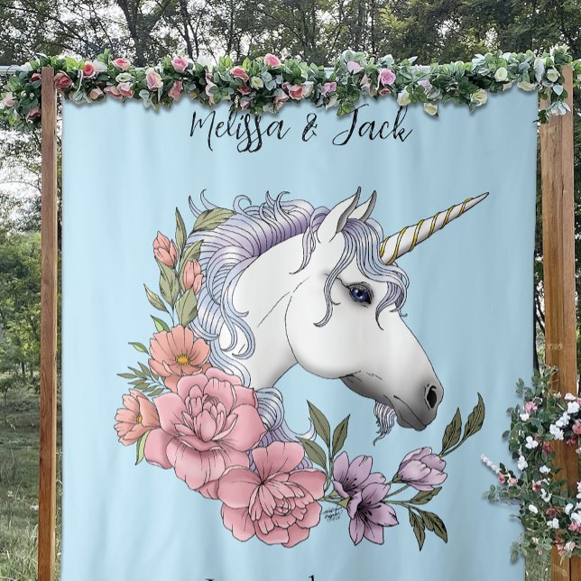 White Unicorn Pink Flowers Blue Tapestry (Creator Uploaded)