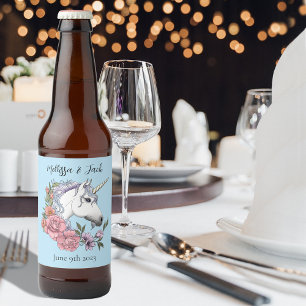 White Unicorn Pink Flowers Blue Wedding Beer Bottle Label