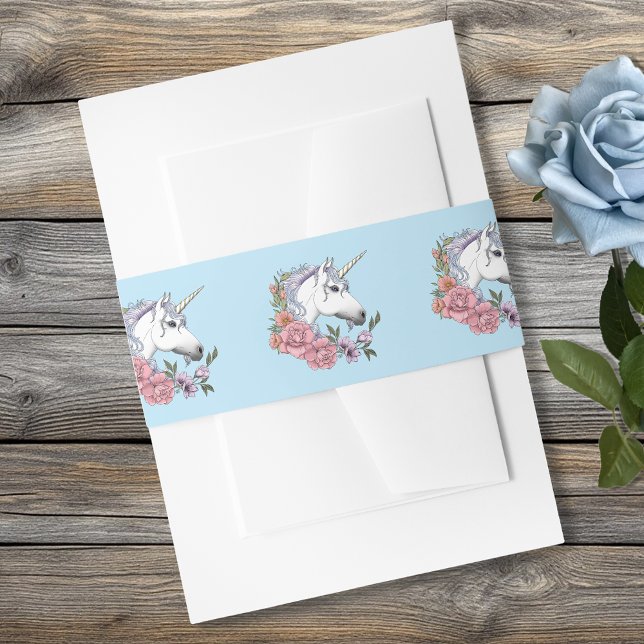 White unicorn Pink Flowers Blue Wedding Invitation Belly Band (Creator Uploaded)