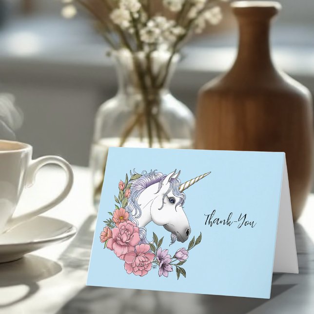 White Unicorn Pink Flowers Blue Wedding Thank You Card (Creator Uploaded)