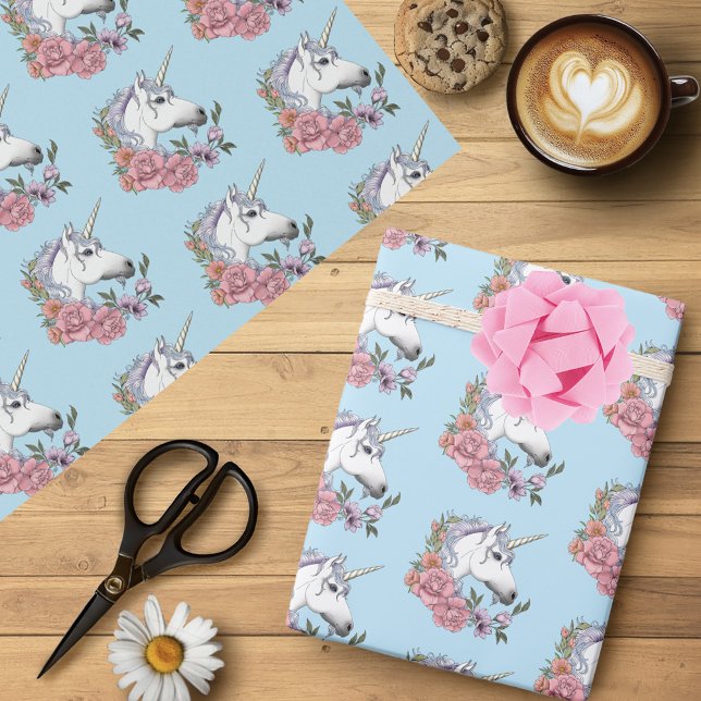 White Unicorn Pink Flowers Blue Wrapping Paper (Creator Uploaded)