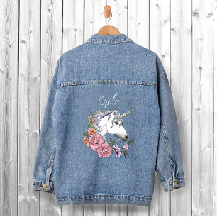 White Unicorn Pink Flowers Wedding Denim Jacket