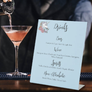 White Unicorn PinkFlowers Blue Wedding Drinks Menu Pedestal Sign