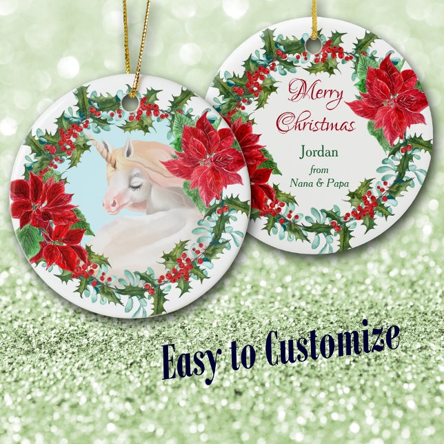 White Unicorn Poinsettia Holly Wreath Ceramic Tree Decoration (Creator Uploaded)