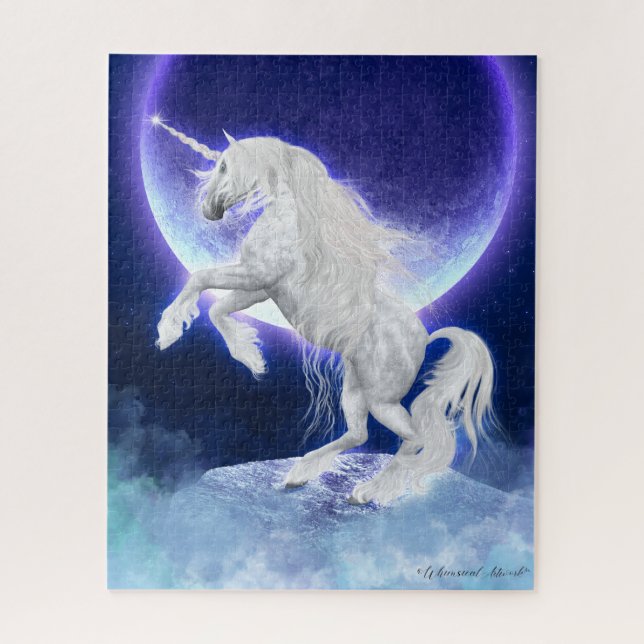 White Unicorn Rearing to the Moon  Jigsaw Puzzle (Vertical)