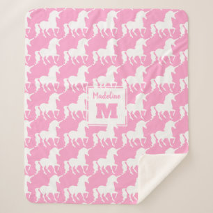 White Unicorn Silhouette Pattern Pink Personalised Sherpa Blanket
