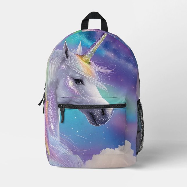 White Unicorn Sparkles Magical Rainbow Glitter  Printed Backpack (Front)