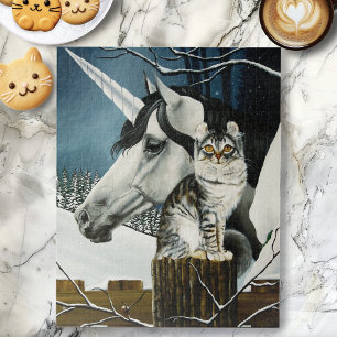 White Unicorn Tabby Cat Fantasy Jigsaw Puzzle