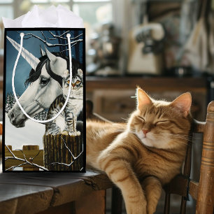 White Unicorn Tabby Cat Fantasy Small Gift Bag